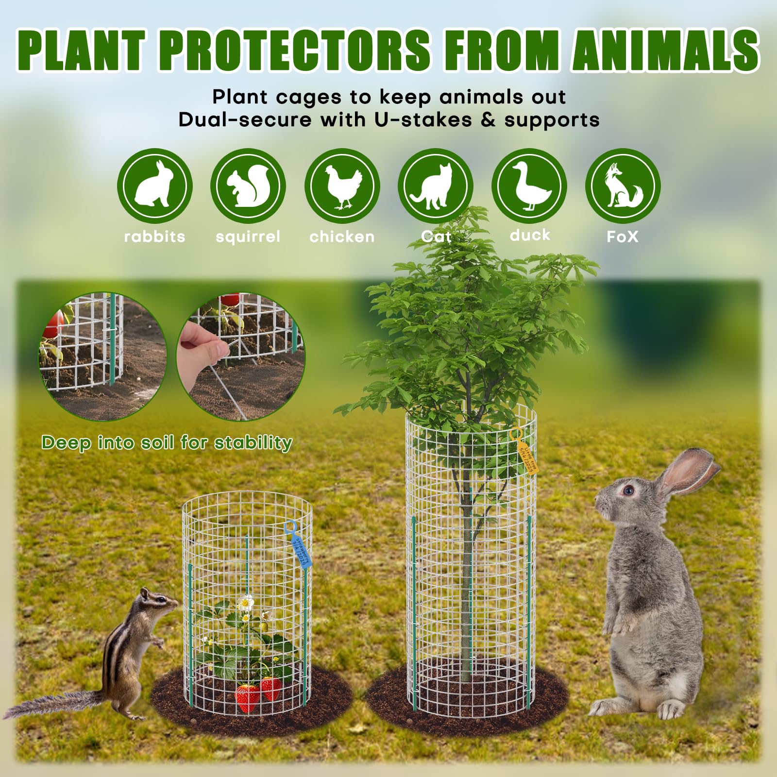 Kecaopdt U-stakes secure cages with deep soil grip