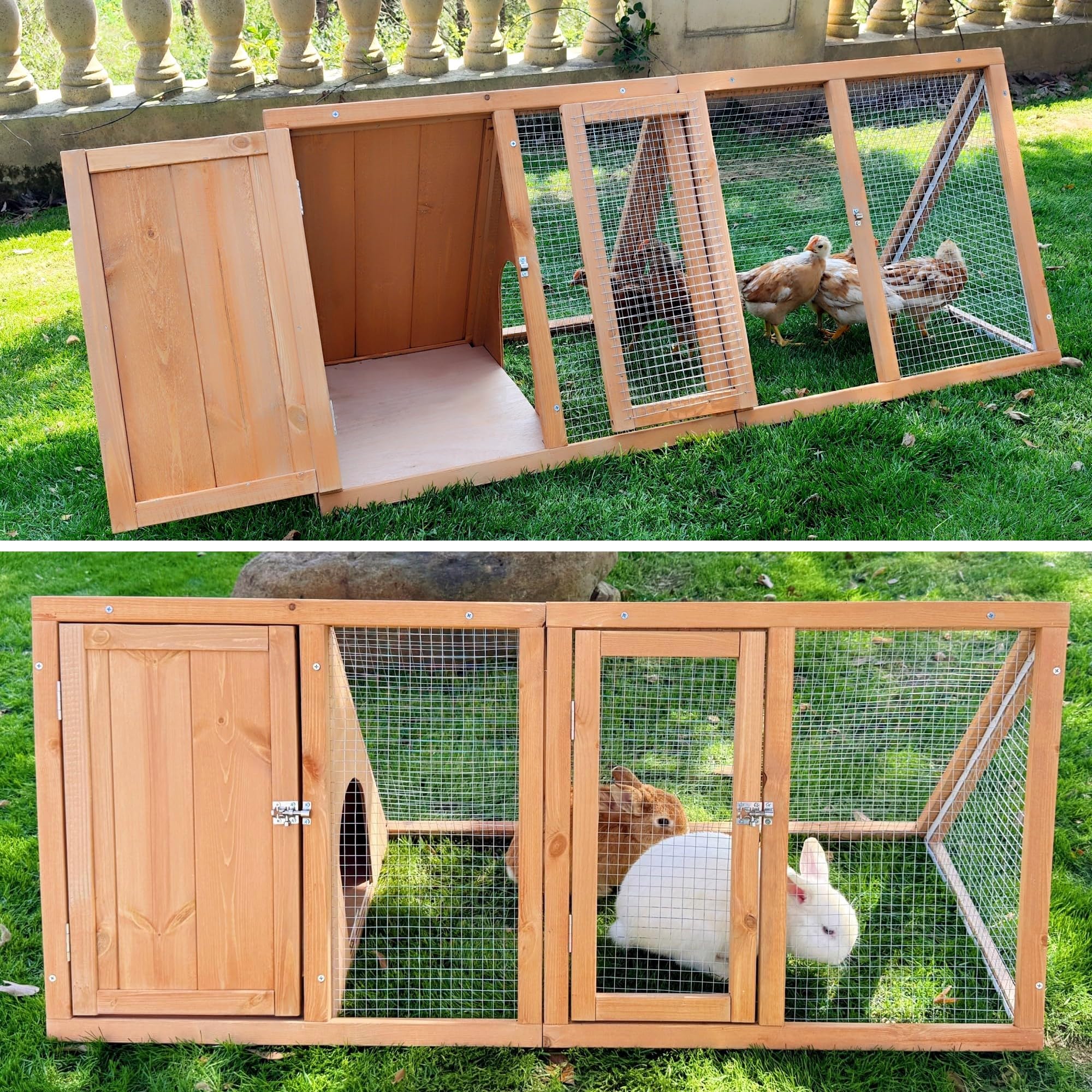 Kecreque rabbit hutch side view, portable and lightweight for easy relocation.