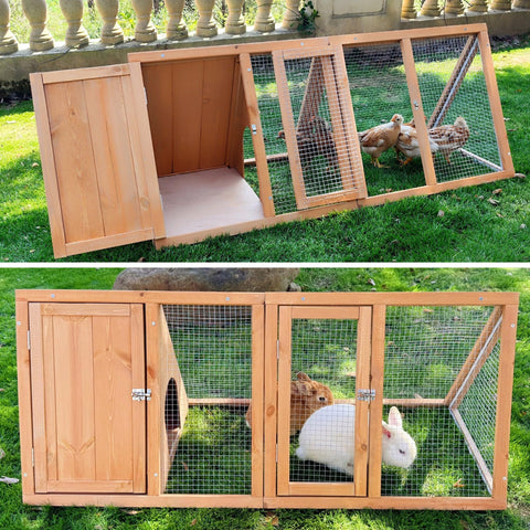 Kecreque rabbit hutch side view, portable and lightweight for easy relocation.