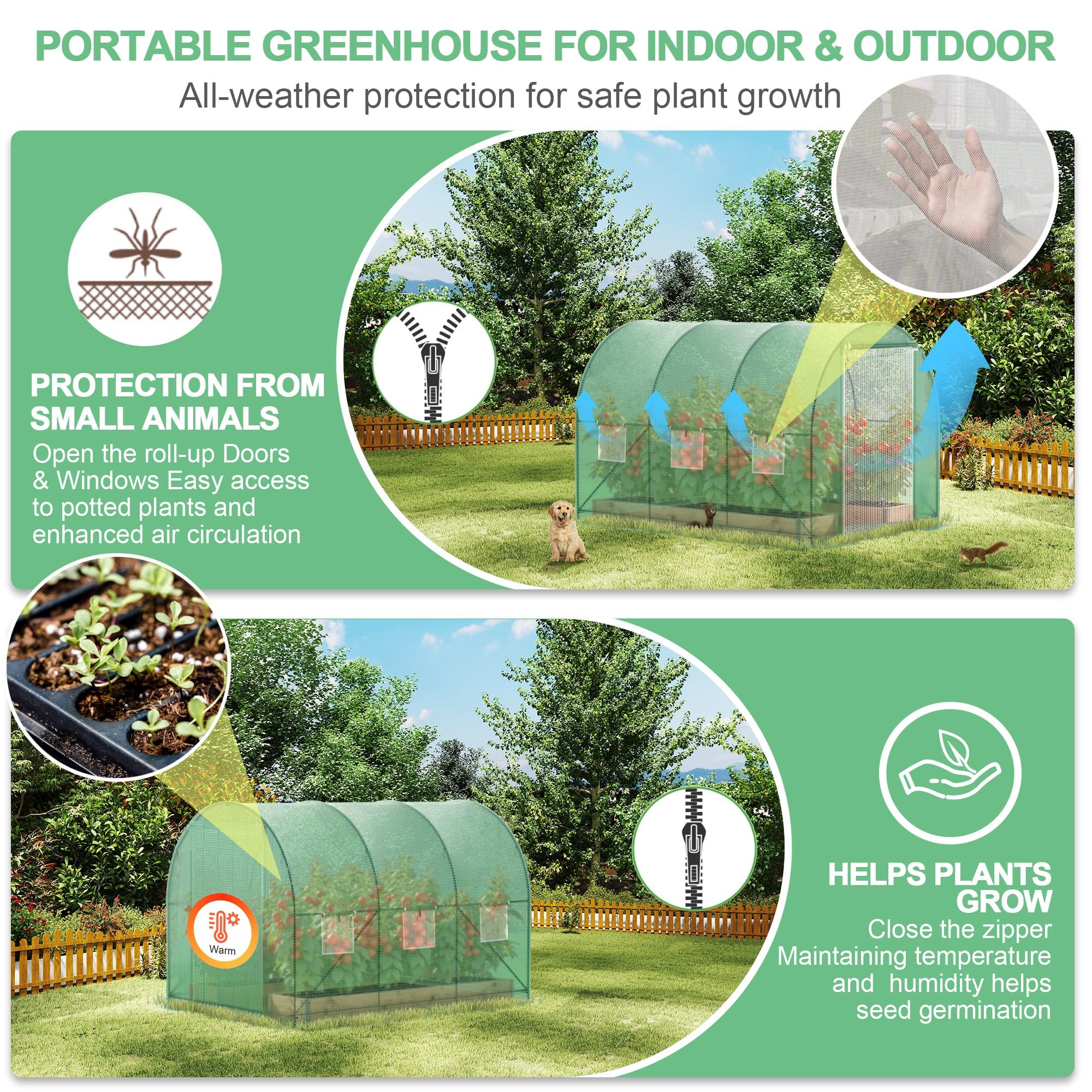 Kecreque walk-in greenhouse with two zipper doors for easy access