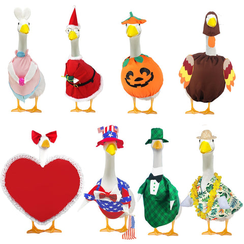Kedaijin 8-set holiday goose outfits pack on porch for year-round yard decor.