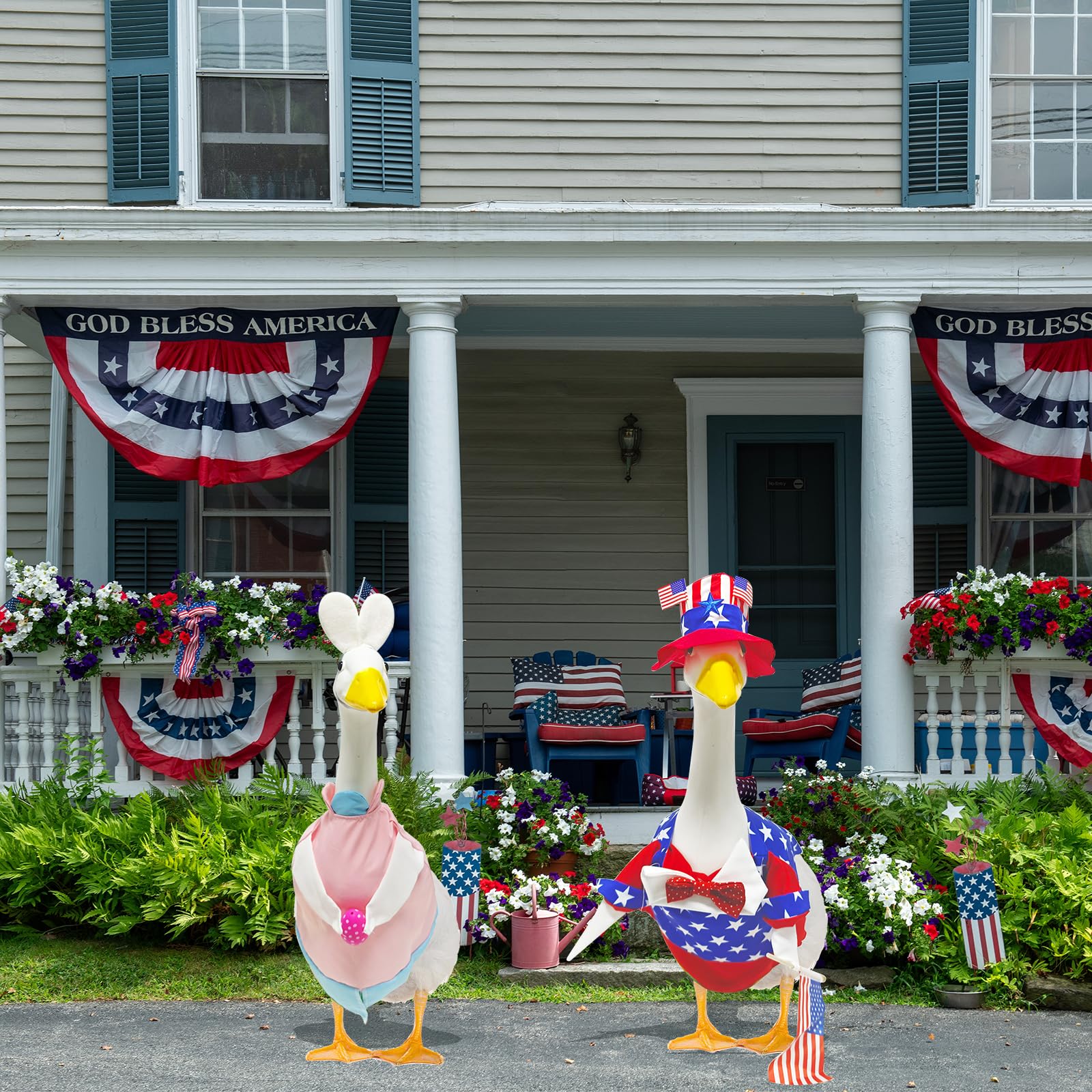 Kedaijin christmas-goose-outfit decorates yard with seasonal charm and cheer.