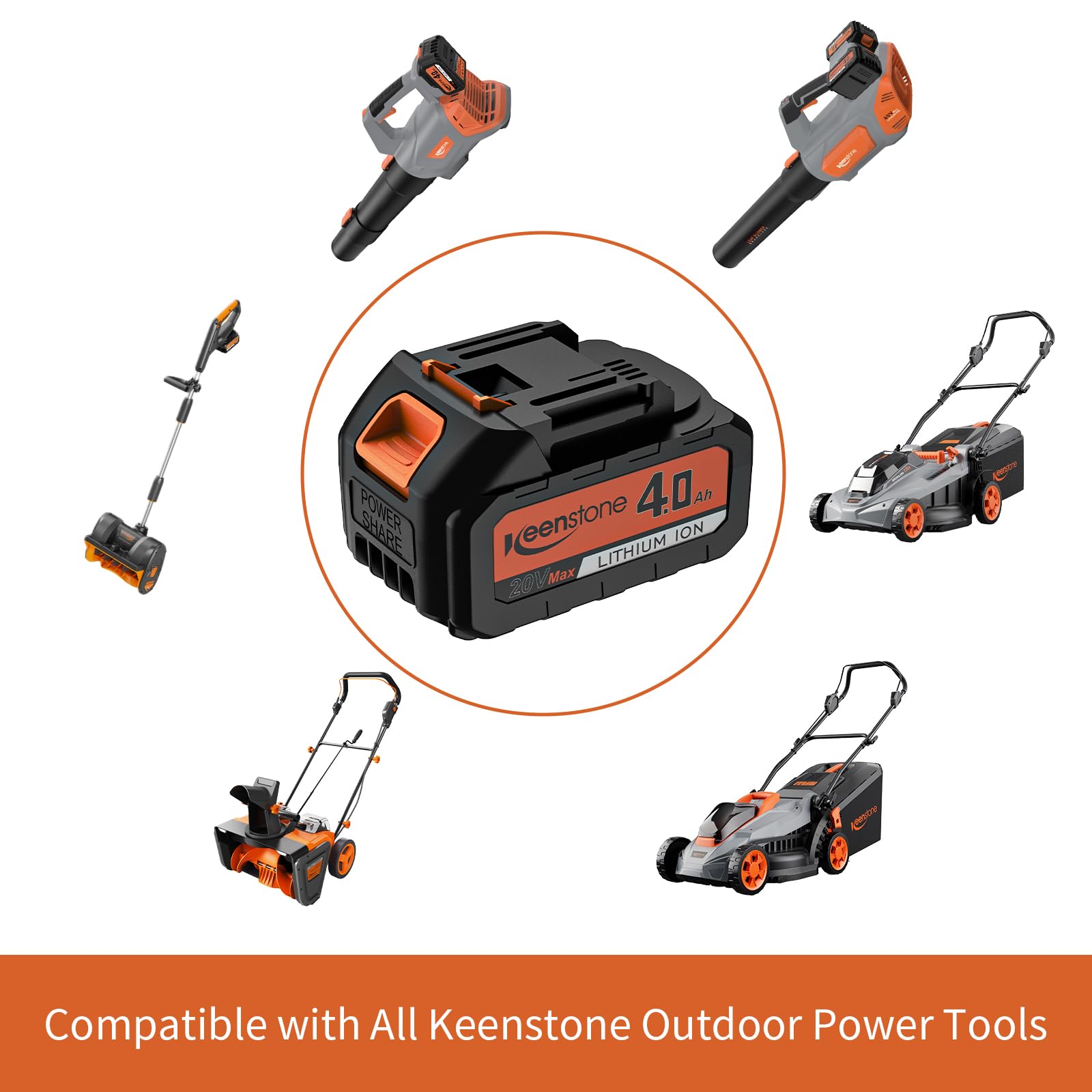 Keenstone 20V battery pack used in lawn mower for steady performance.