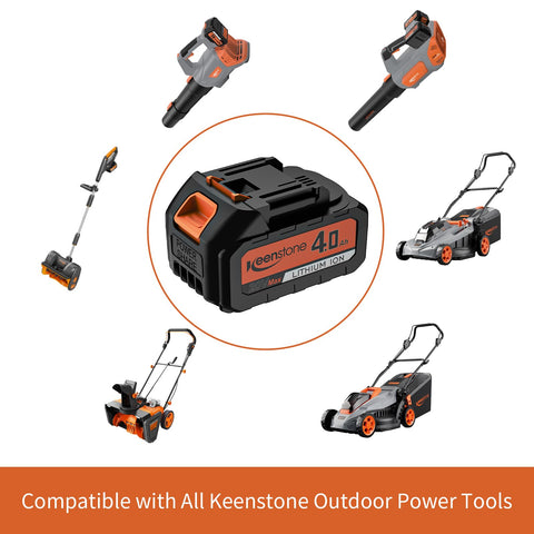 Keenstone 20V battery pack used in lawn mower for steady performance.