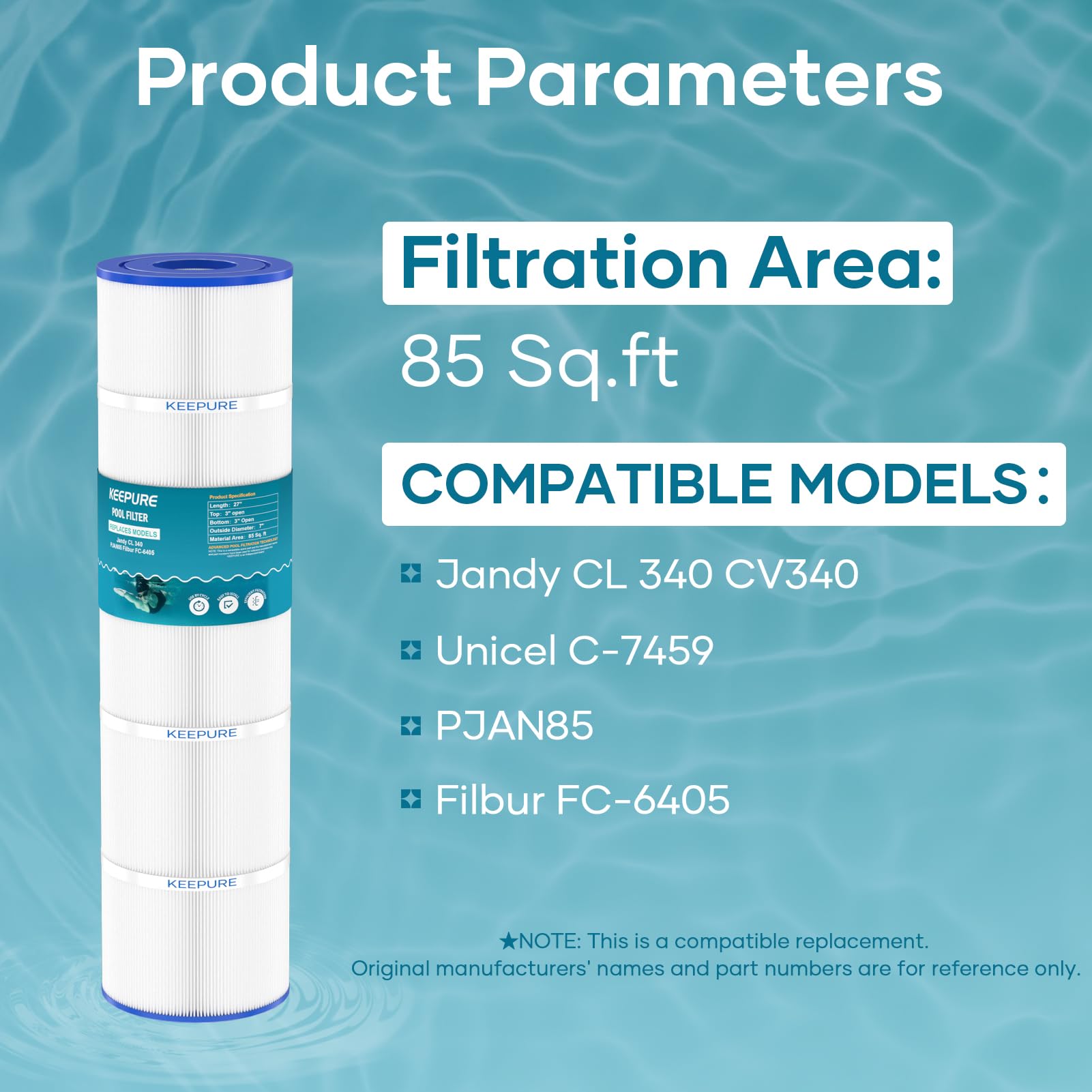 KeePure CL340-compatible cartridge, side view, compatible with multiple pool systems.