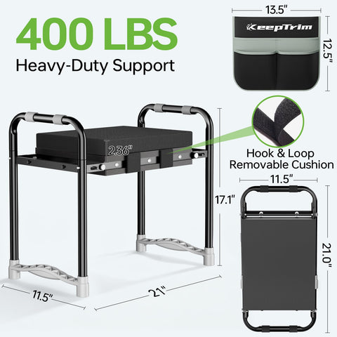 KeepTrim garden kneeler kneeling mode demonstrates knee protection during weeding