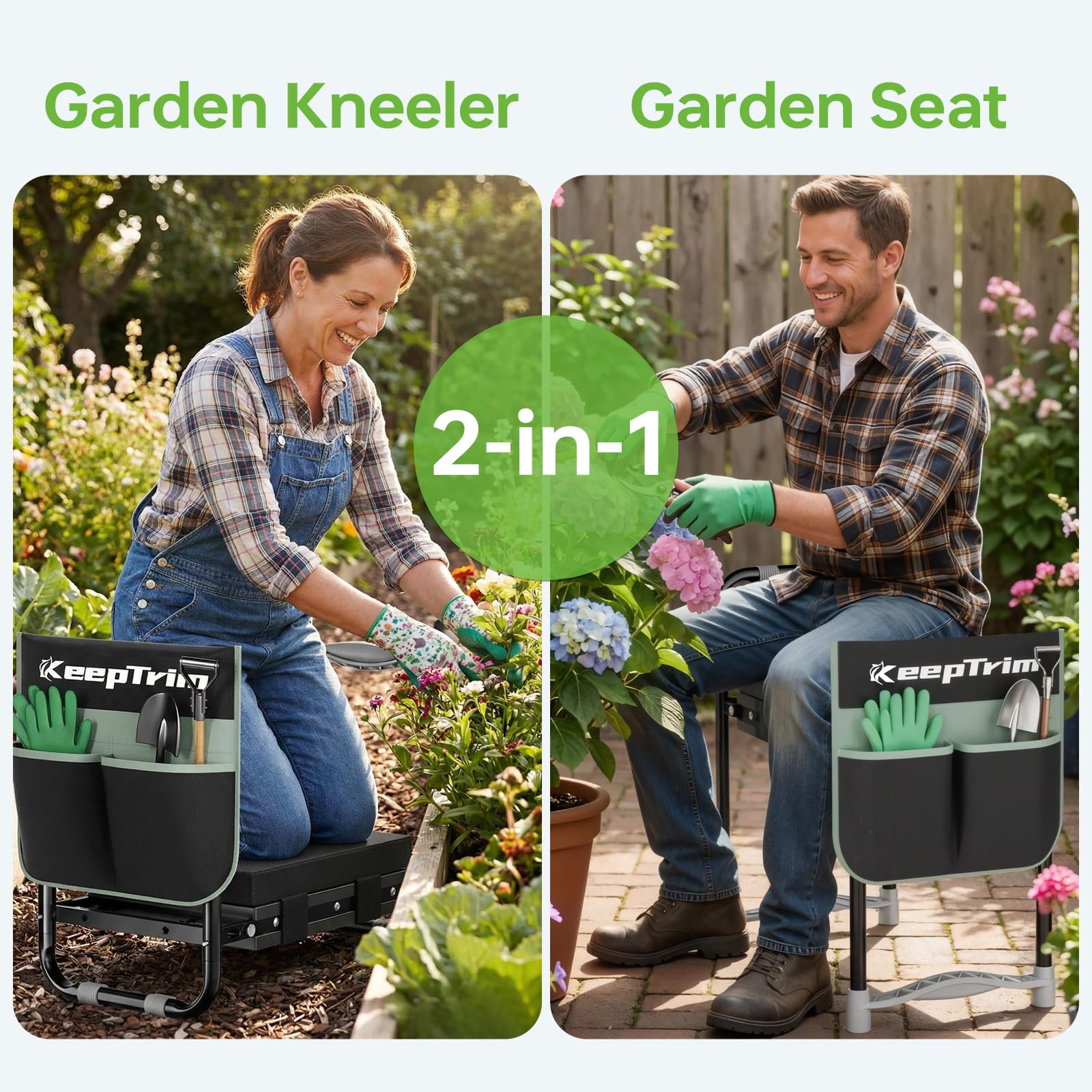 KeepTrim garden kneeler seat mode provides stable seating for long tasks