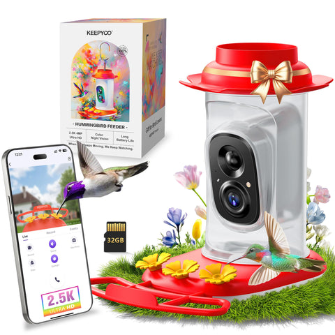 KEEPYOO 2.5K hummingbird feeder camera front view for crisp daytime footage