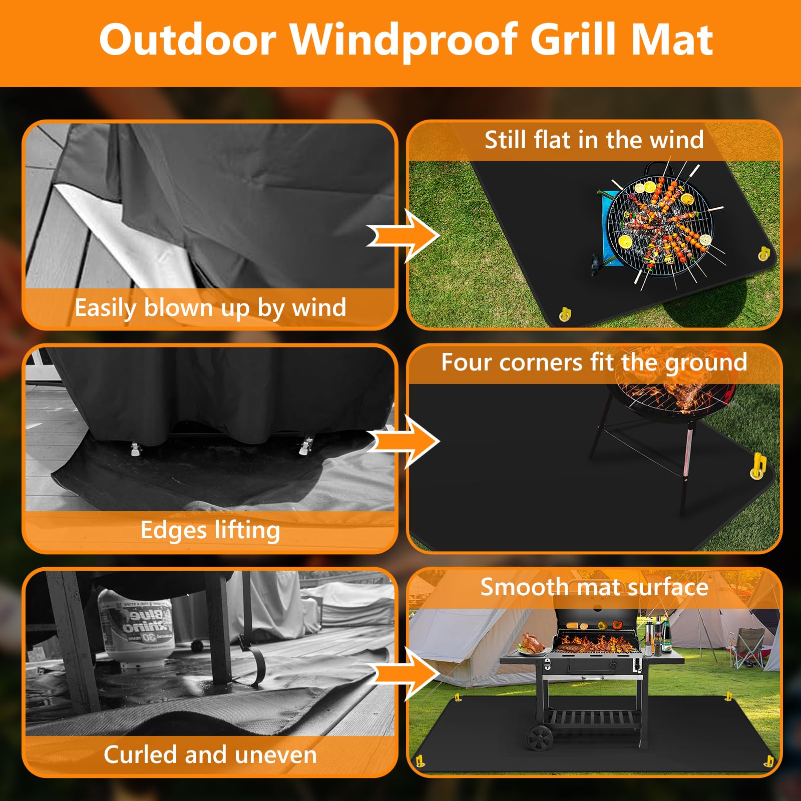 Keeswin grill mat features reinforced grommets for secure staking on grass.