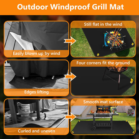Keeswin grill mat features reinforced grommets for secure staking on grass.