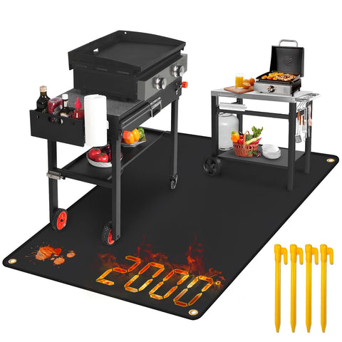 Keeswin grill mat under an outdoor grill protects deck from heat and grease.