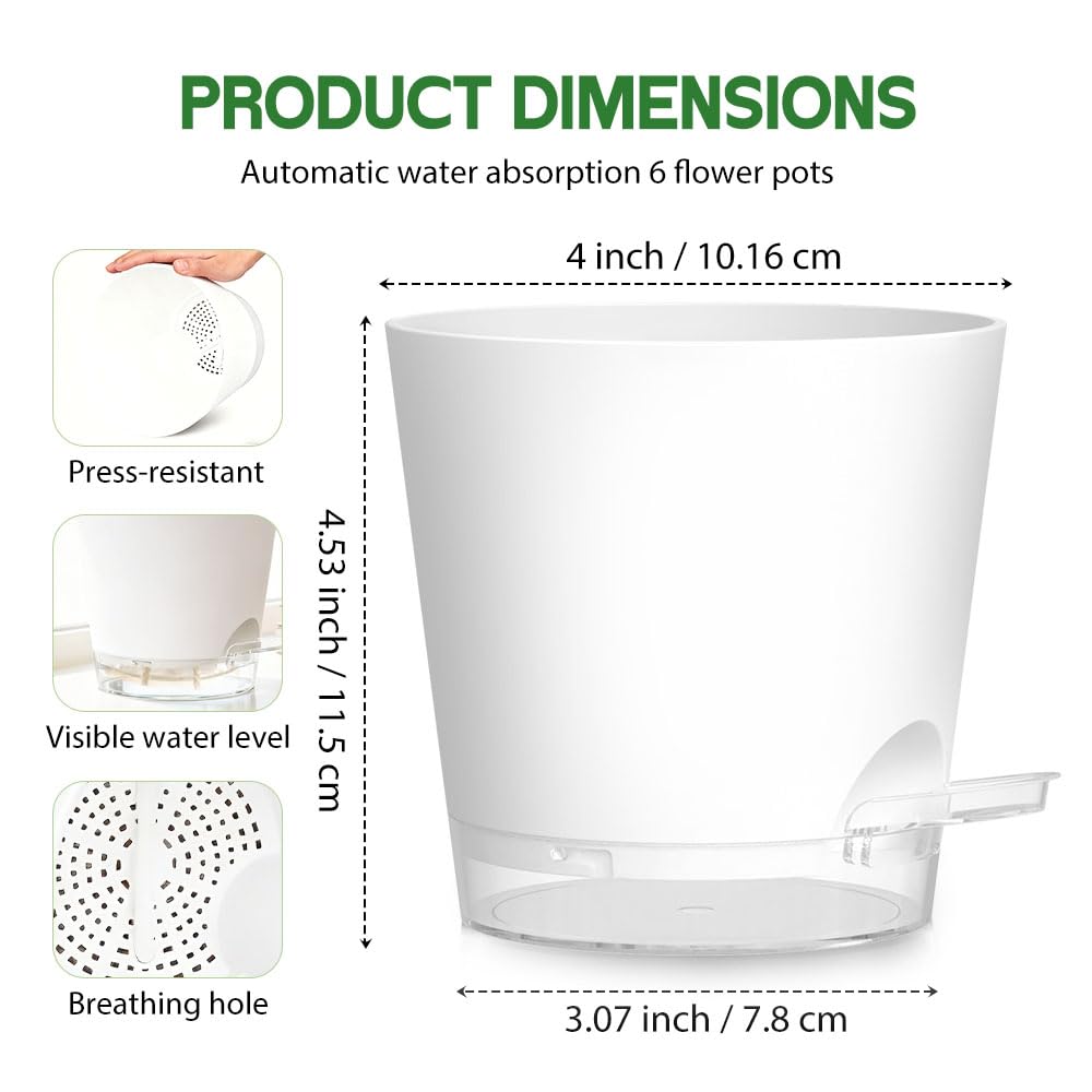 KEETUMOOD self-watering pot 4-inch white with saucer view for moisture monitoring