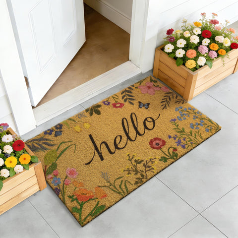 Kelarea Hello Spring door mat shows artificial coconut fiber texture and durability