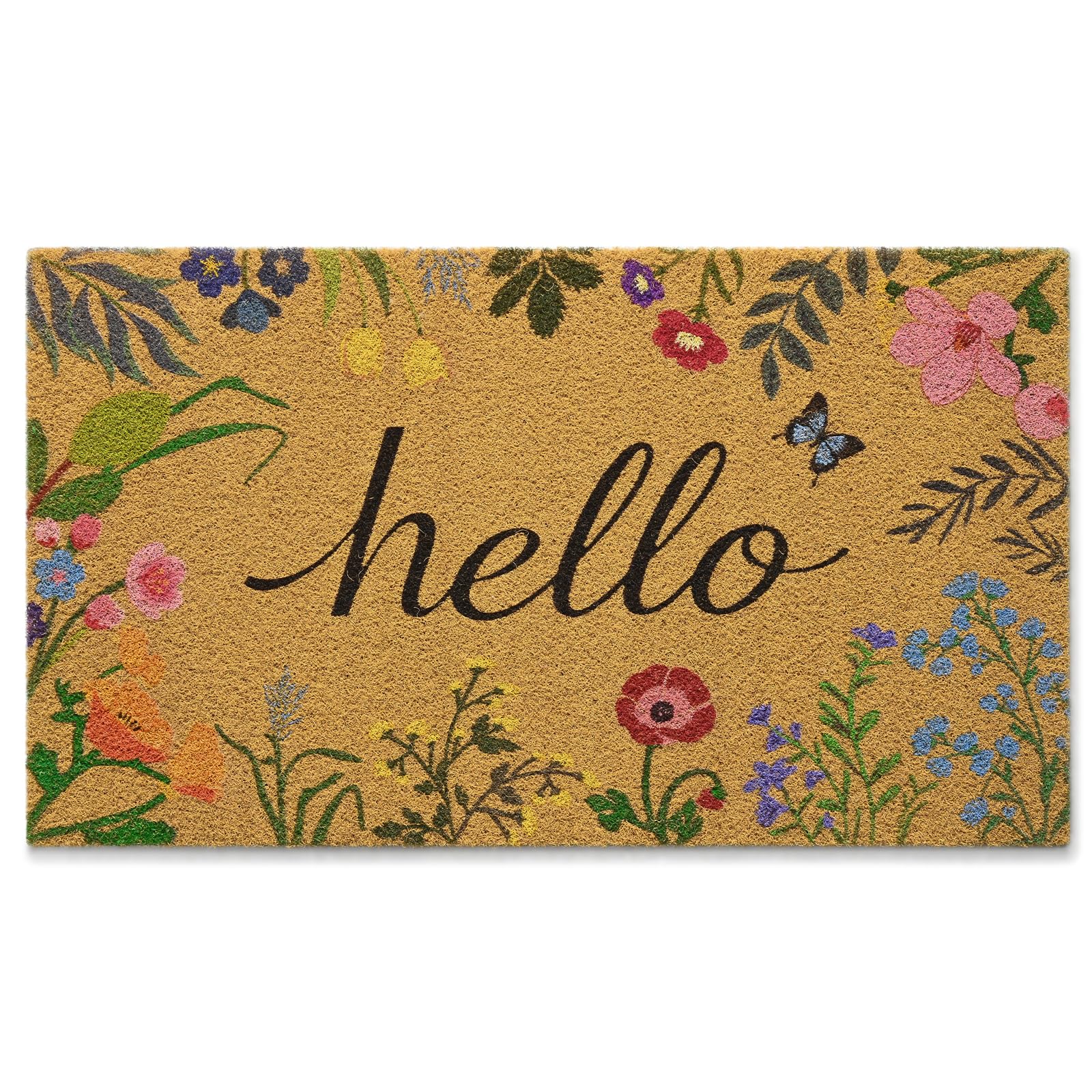 Kelarea Hello Spring floral door mat front view highlights vibrant multicolor design