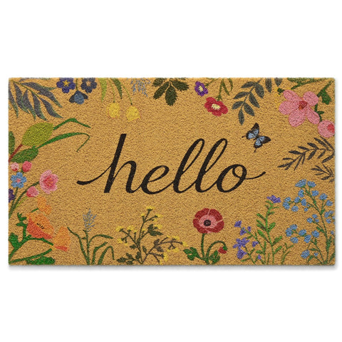 Kelarea Hello Spring floral door mat front view highlights vibrant multicolor design