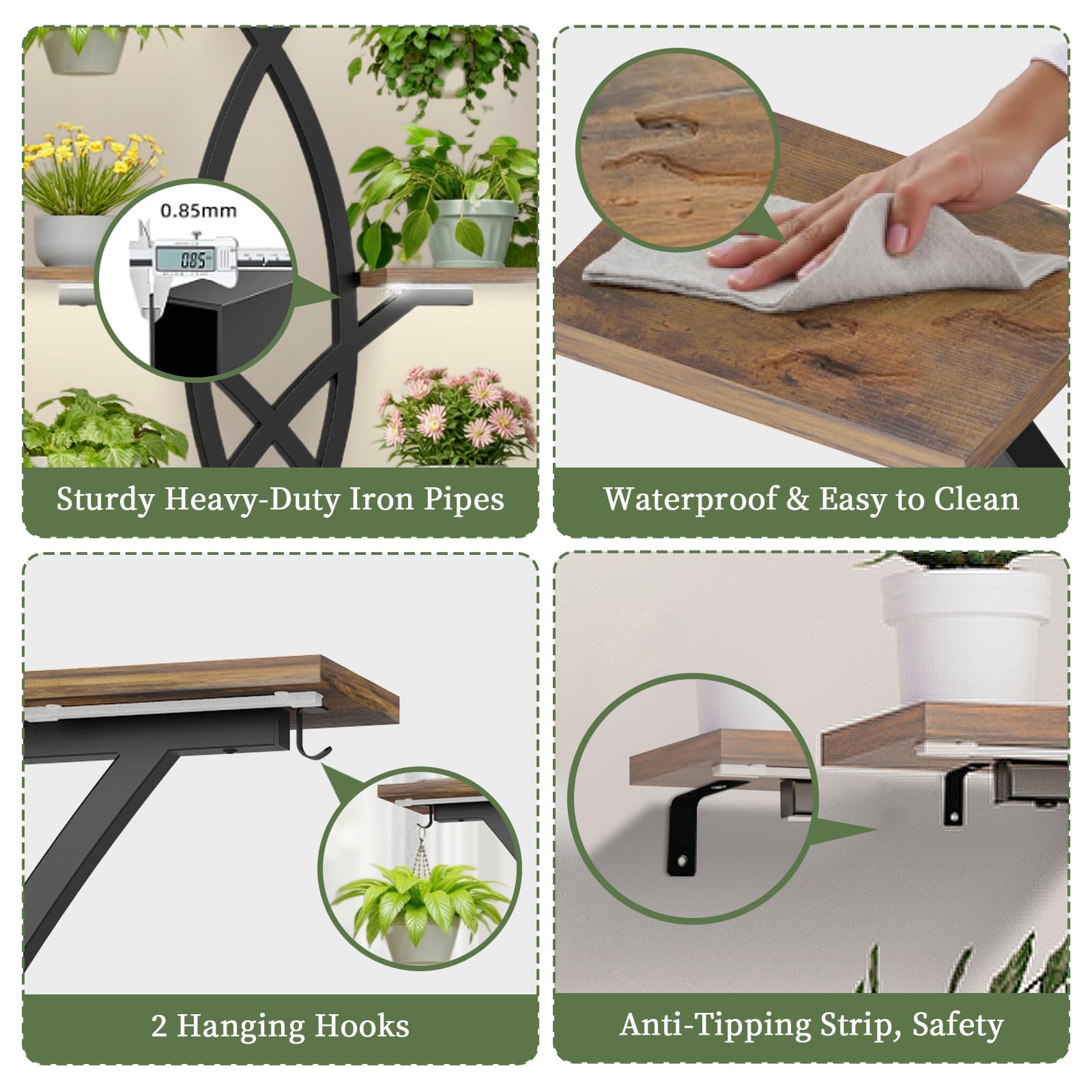 Adjustable foot pads stabilize the stand on uneven floors.