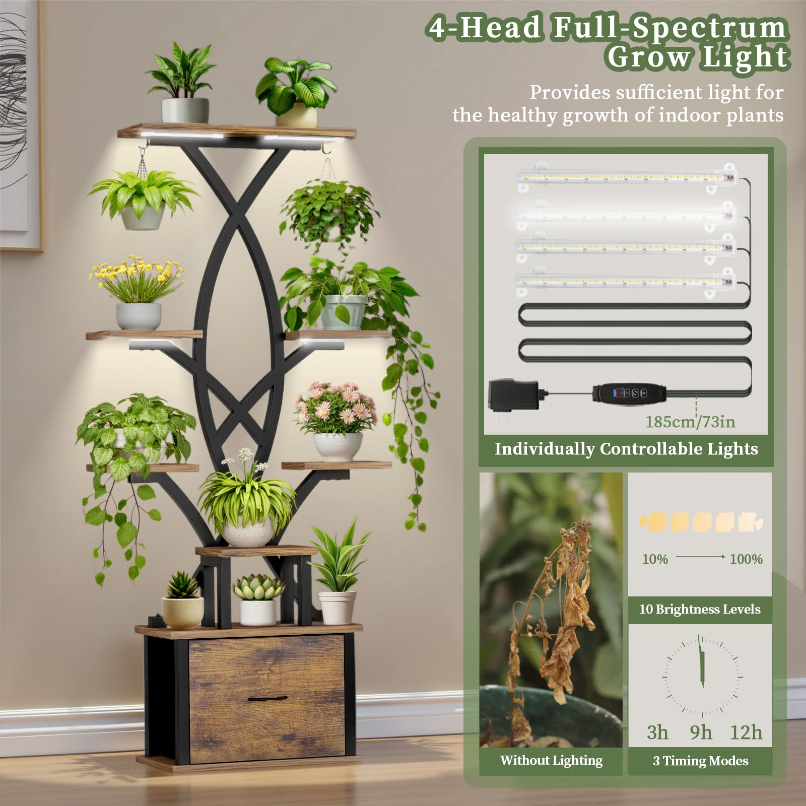 Four-head full-spectrum grow lights illuminate indoor plants efficiently.