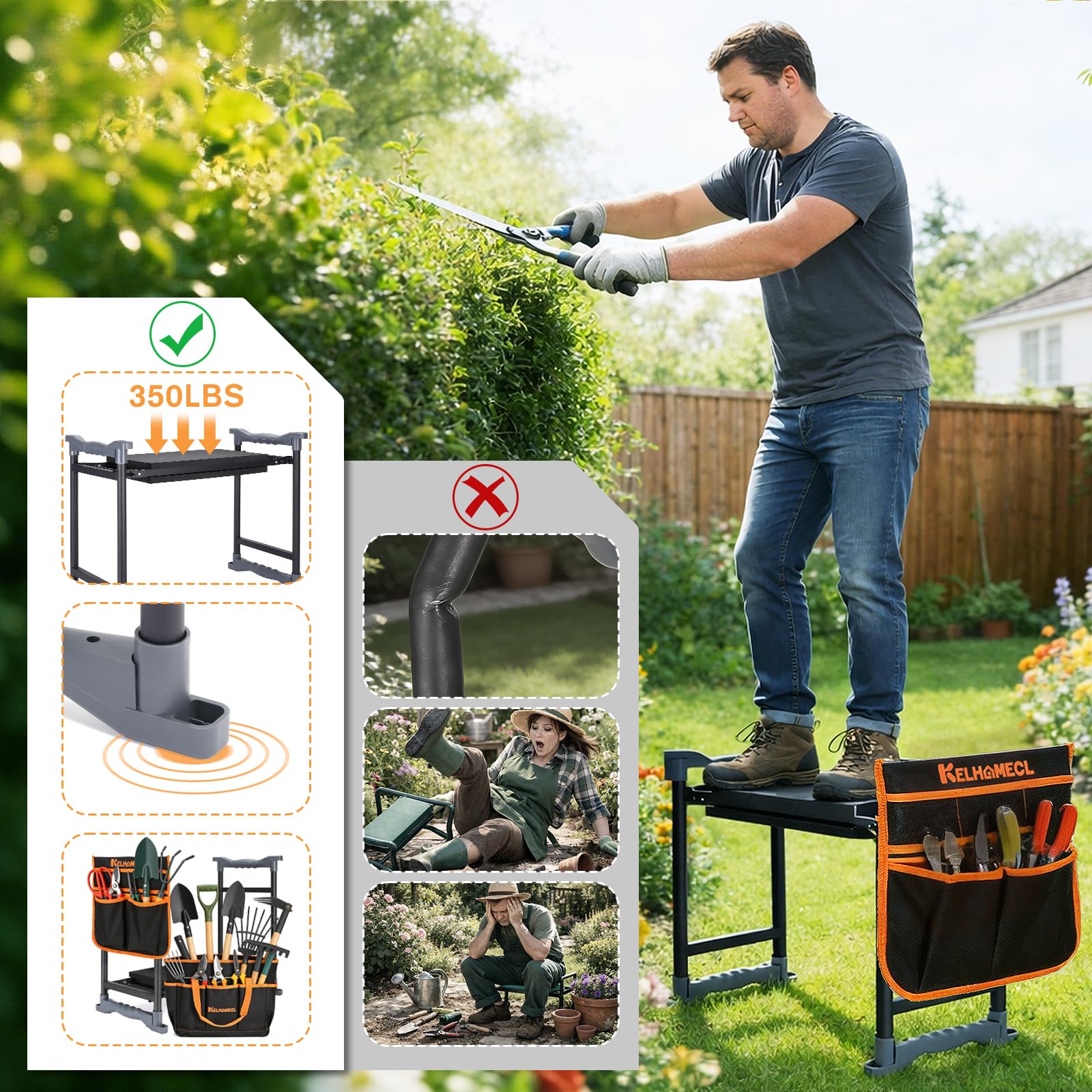 KELHOMECL garden kneeler foldable-portable design makes storage and transport effortless