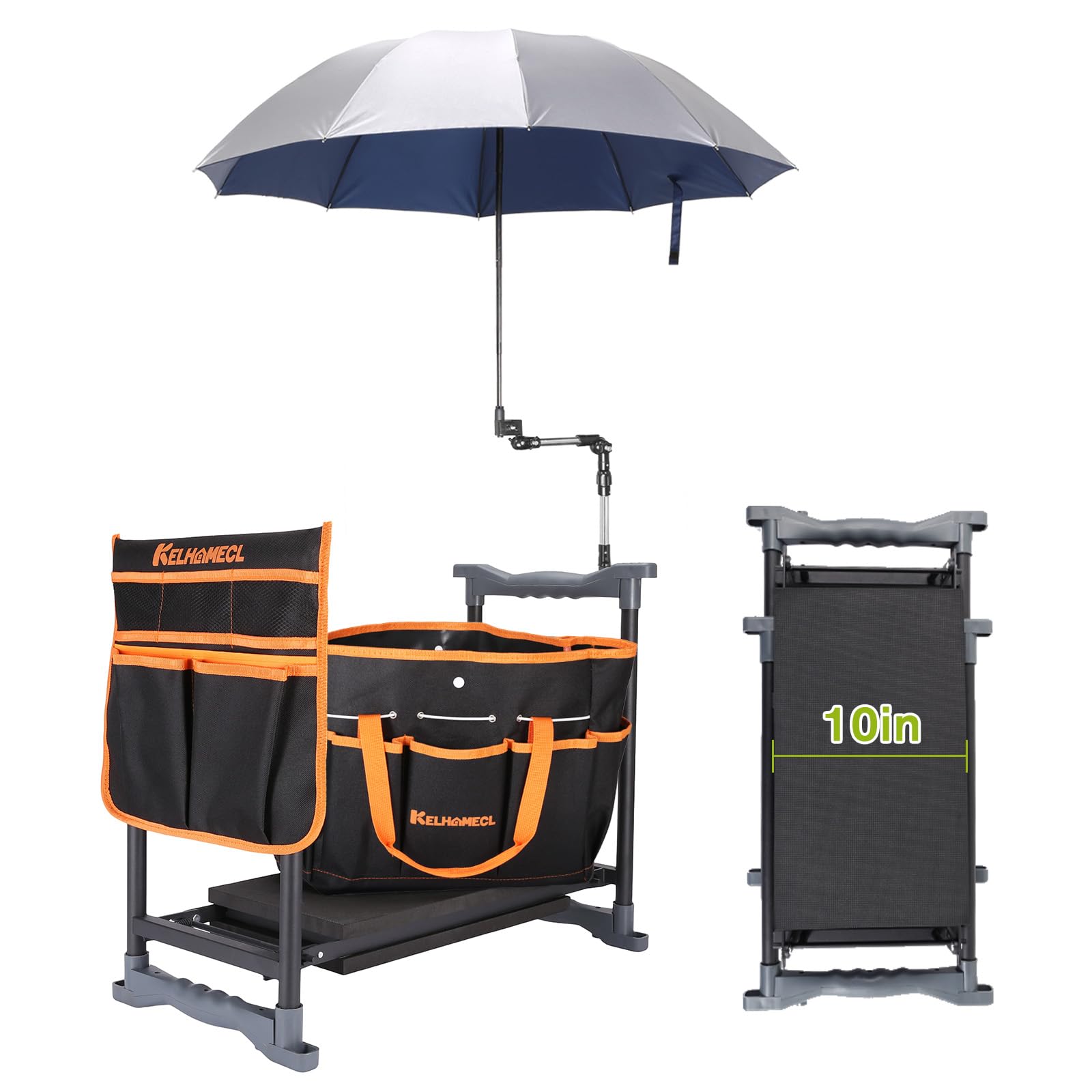 Kelhomecl garden kneeler with umbrella attachment shields sun during gardening