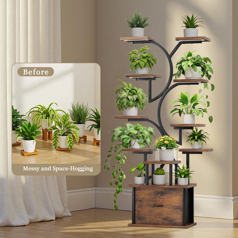 KELHOMECL indoor plant stand with drawer, convenient storage and display.