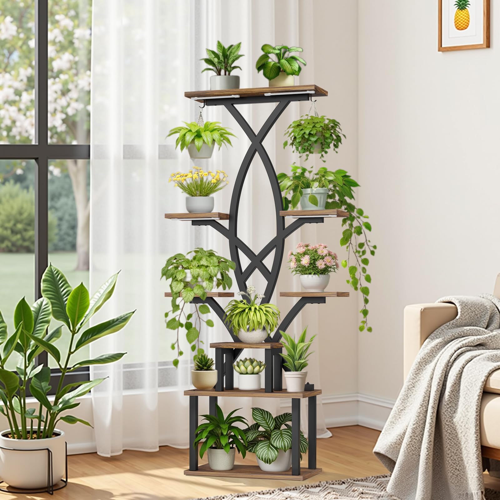 Two hooks offer extra space for hanging planter pots.