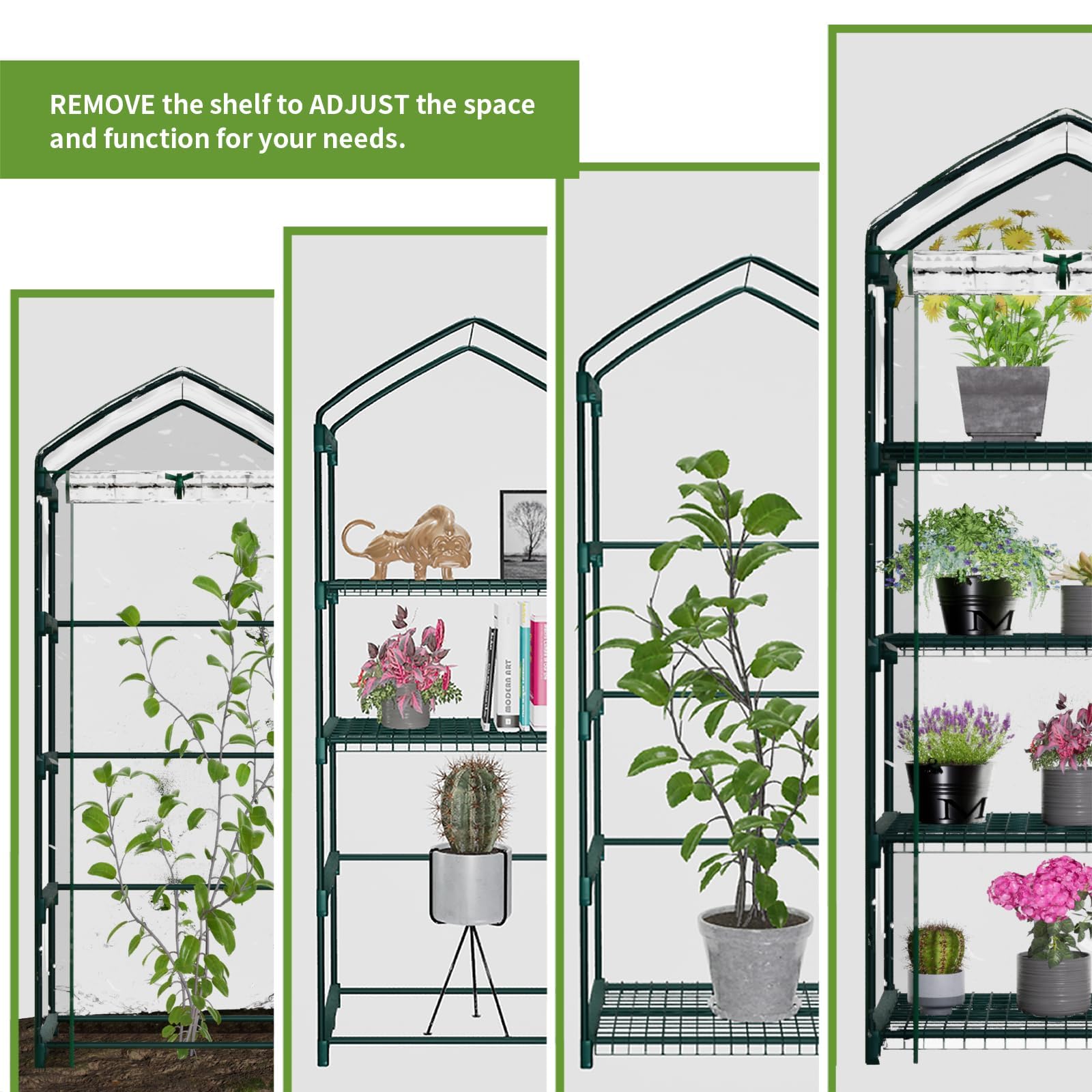 Kelived green finish blends with outdoor spaces while keeping plants organized