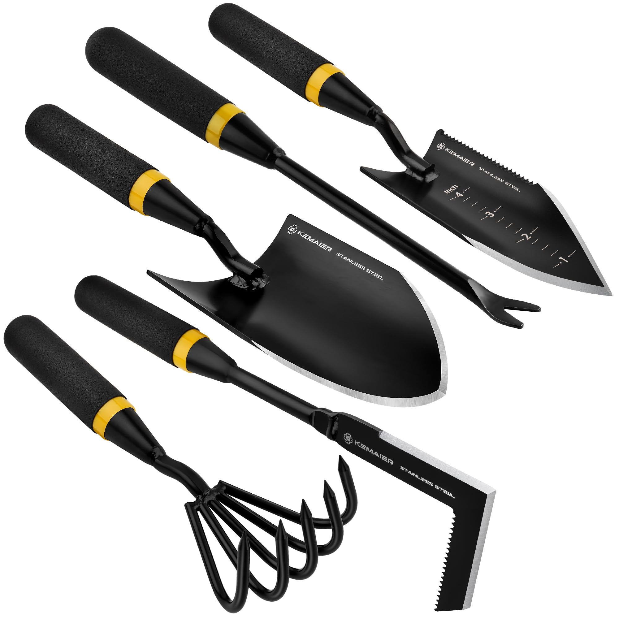Kemaier Garden Tool Set hand cultivator: heavy-duty stainless steel for durable soil loosening.