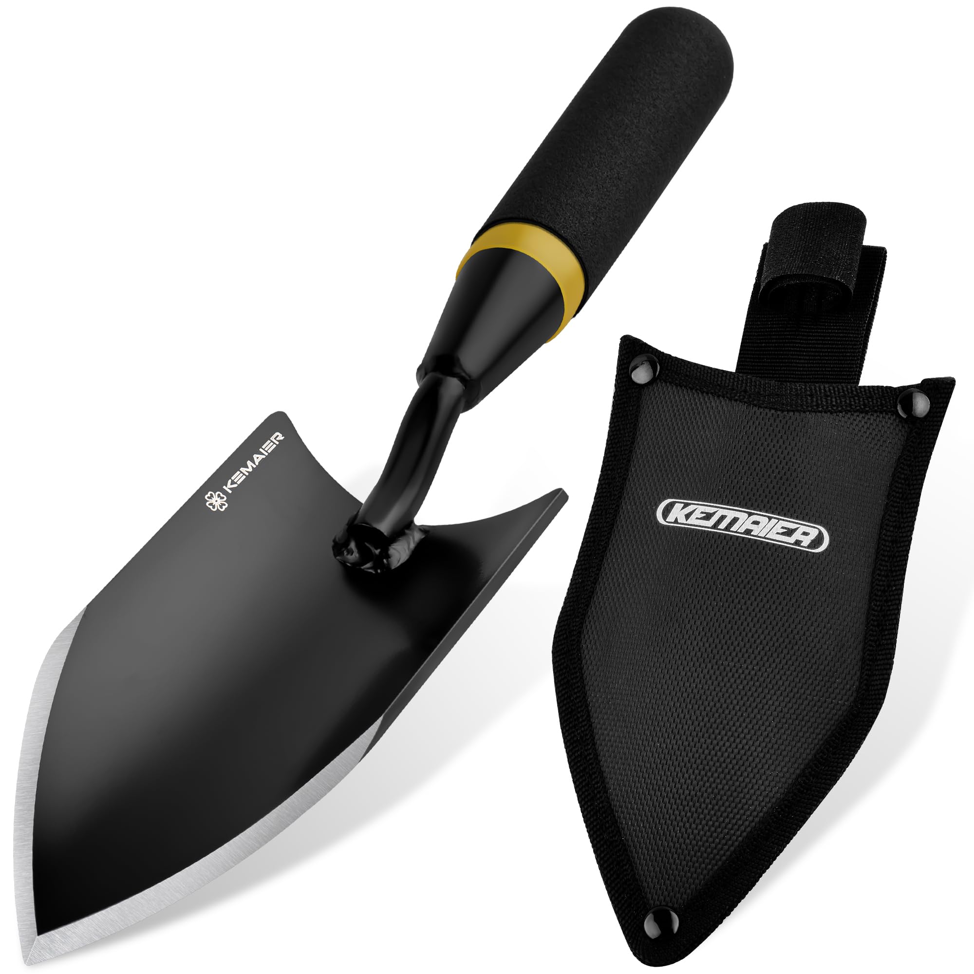 Kemaier heavy-duty gardening hand trowel with sheath for safe storage and precise soil work.