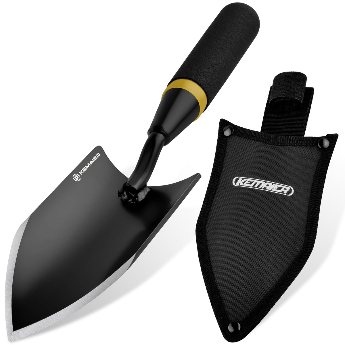 Kemaier heavy-duty gardening hand trowel with sheath for safe storage and precise soil work.