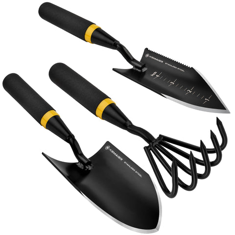 Kemaier heavy-duty stainless steel garden tool set, front view for tough outdoor tasks.
