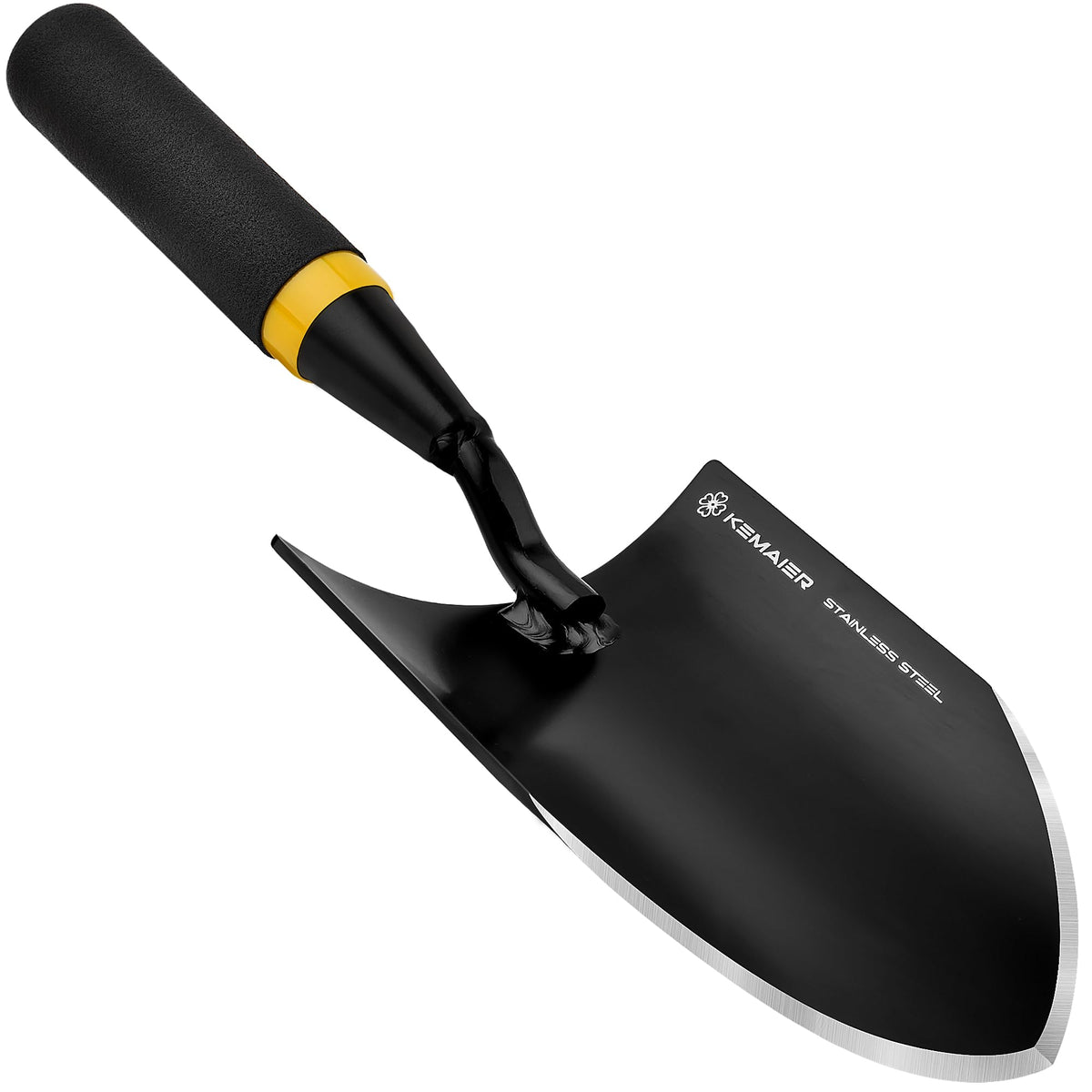 Kemaier heavy-duty stainless steel garden trowel blade for quick soil scooping.