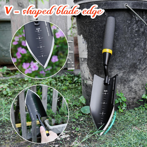 Kemaier trowel with left-side sawtooth for cutting roots and branches.