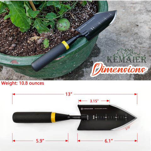 Kemaier trowel with serrated edge for weed removal and root cutting.