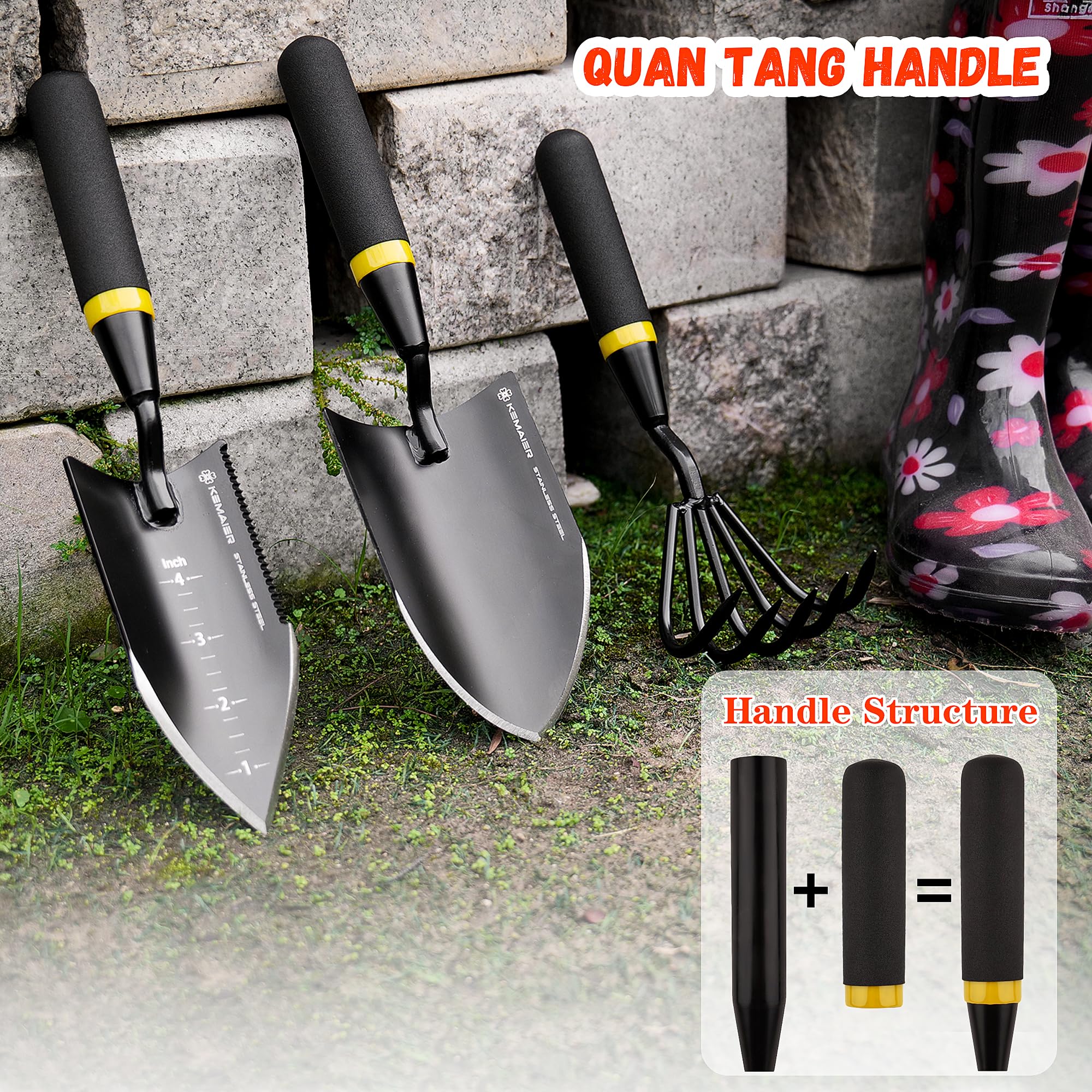 Kemaier transplanting tool with serrated edge aiding root cutting and lifting.