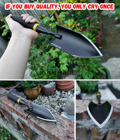 Kemaier trowel with ergonomic design helps transplant seedlings without root damage.