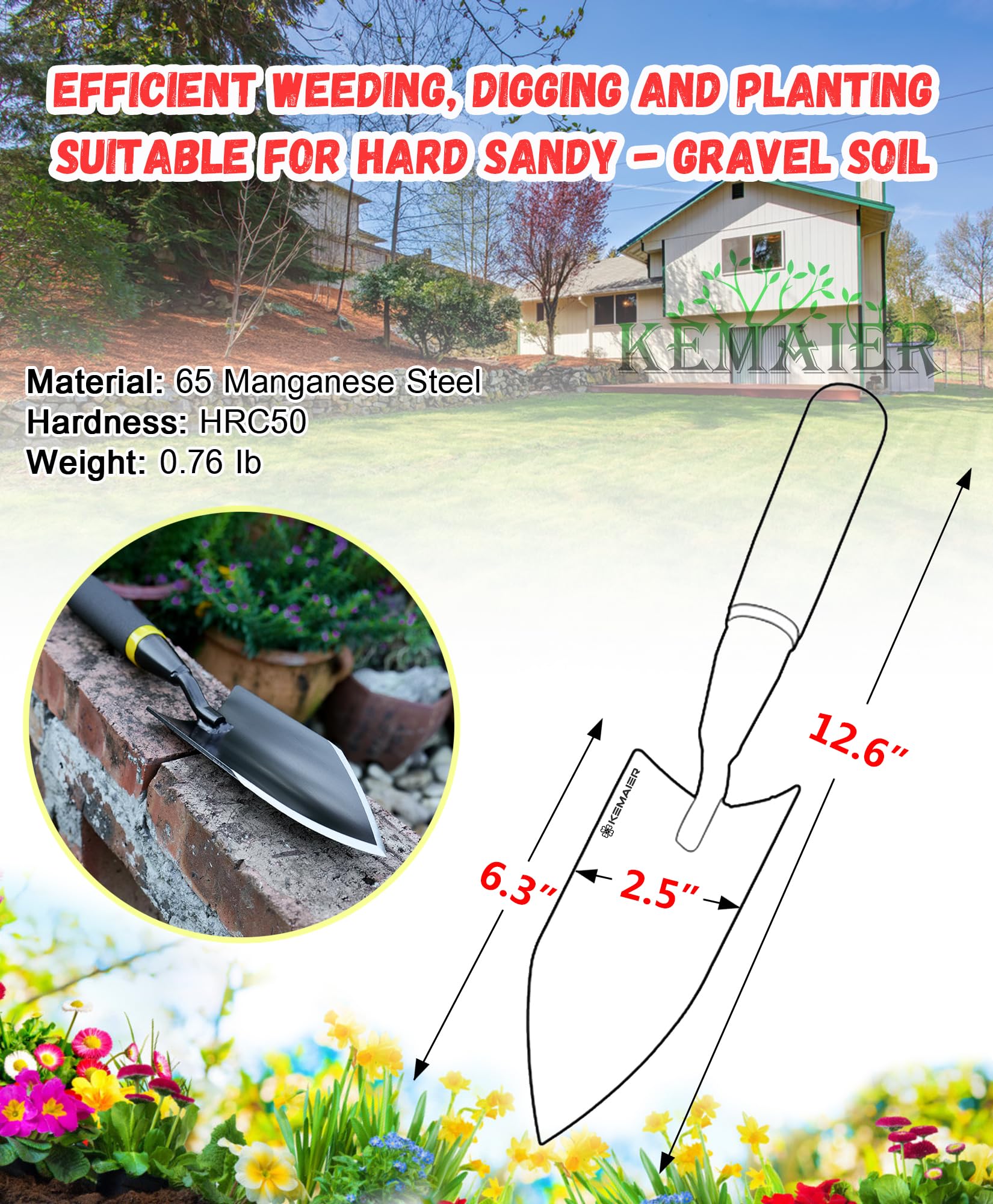 Kemaier trowel with rubberized handle offering ergonomic, anti-slip grip for precise planting.