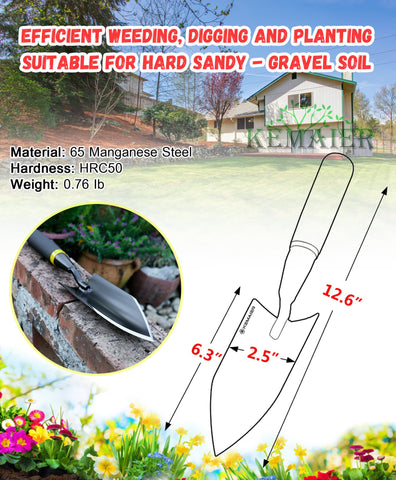 Kemaier trowel with rubberized handle offering ergonomic, anti-slip grip for precise planting.