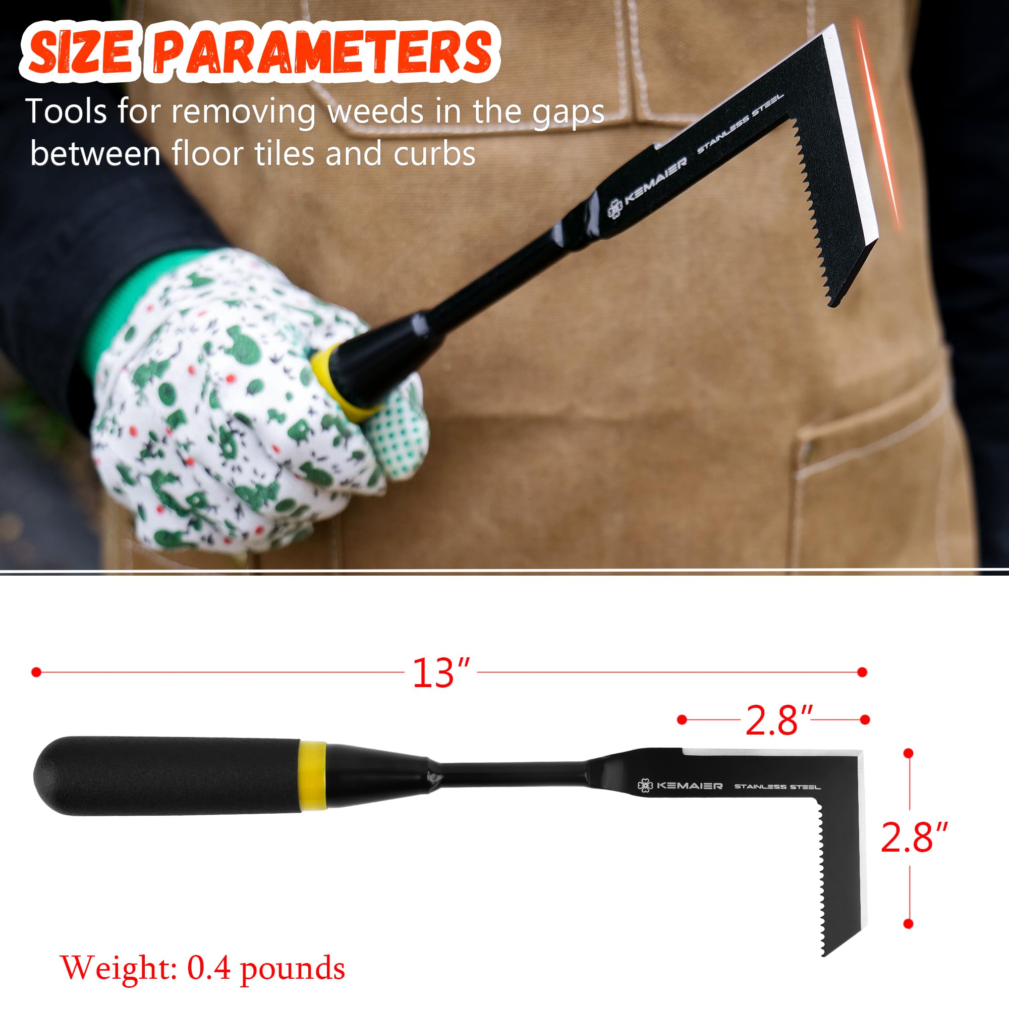 Kemaier weeding tool engages sidewalk gaps for efficient weed extraction and root removal.