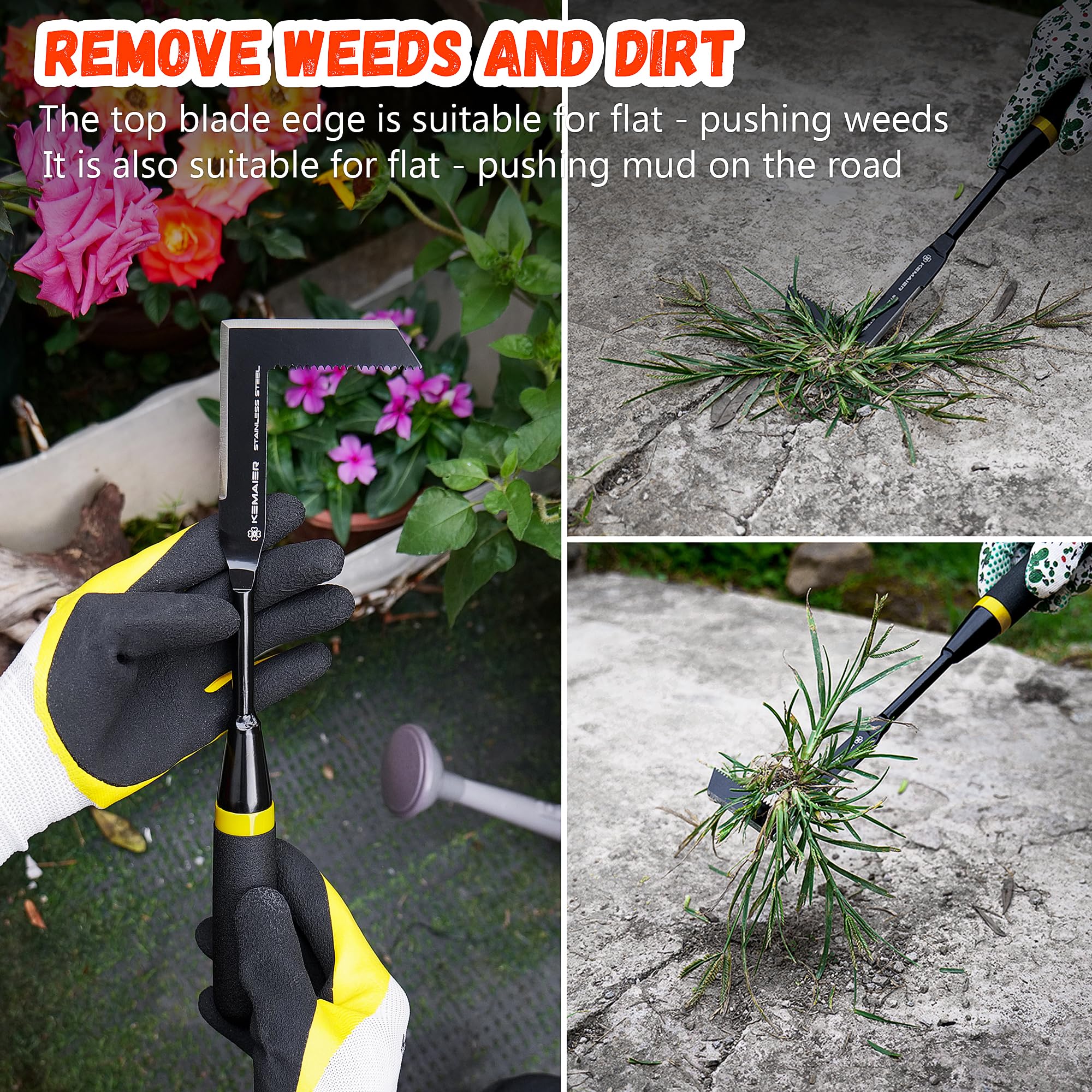 Kemaier weeding tool features sharp blade edges for deep weed snipping in crevices.