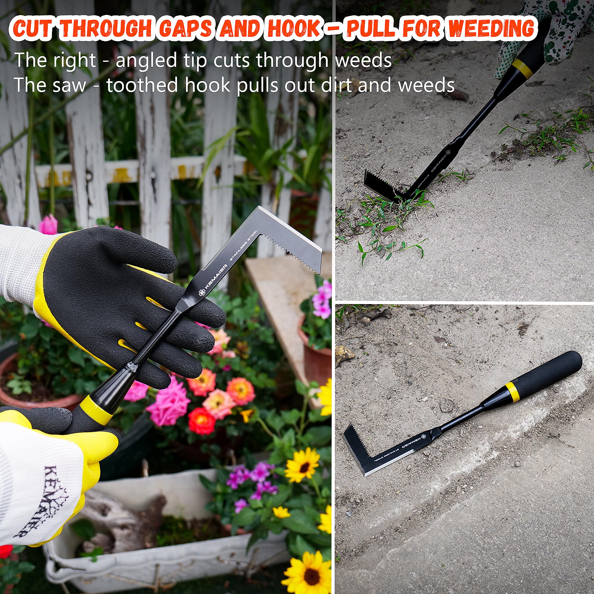 Kemaier heavy-duty construction endures regular outdoor use in concrete crevices.