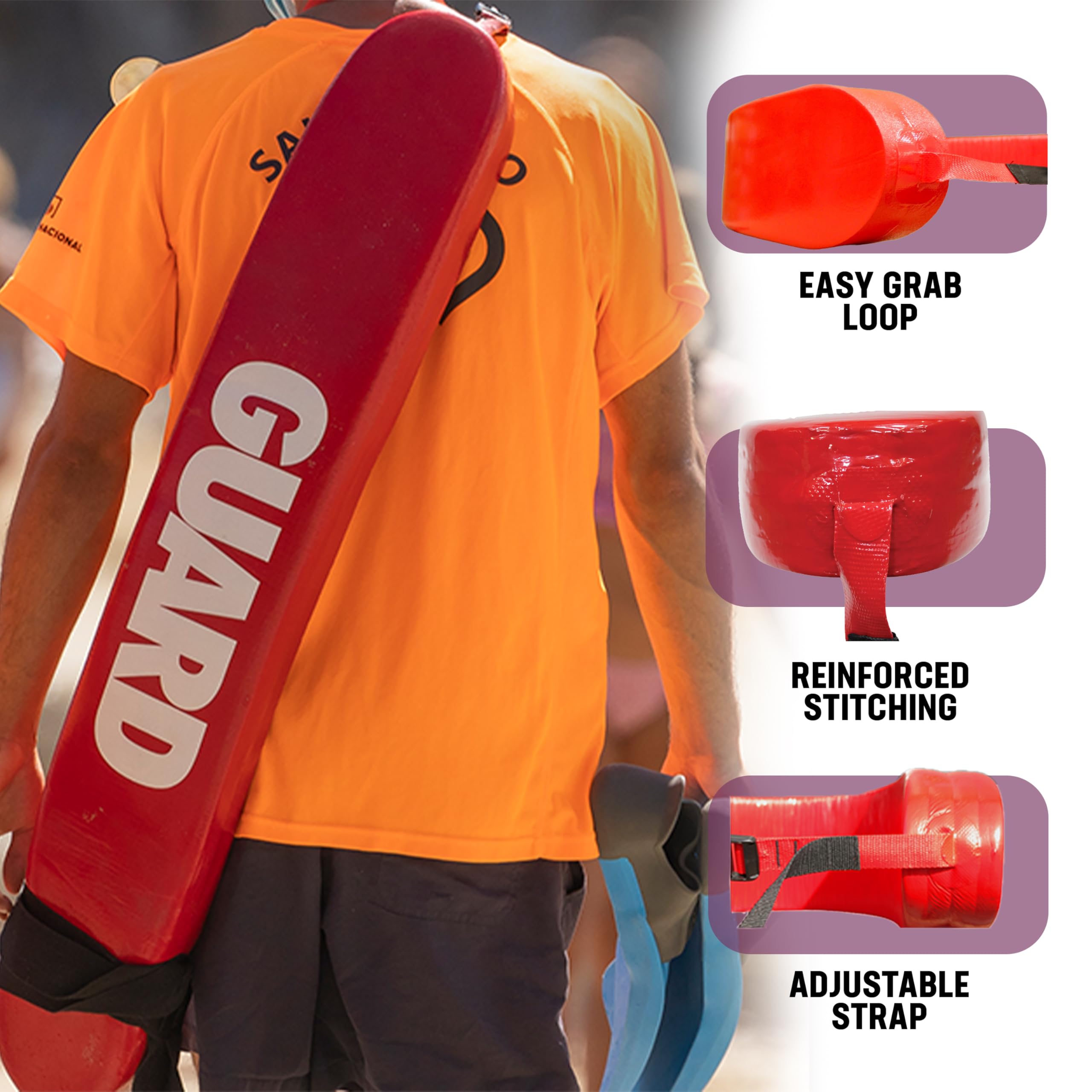 Bright red rescue tube aiding visibility in open water environments.