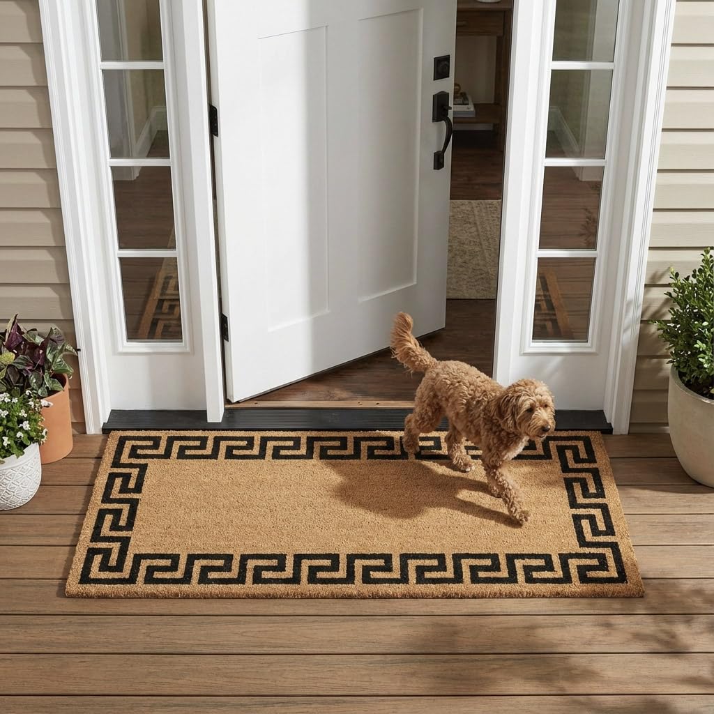Kempf Greek Key Natural Coco Doormat front view showing durable border for stylish entryways.