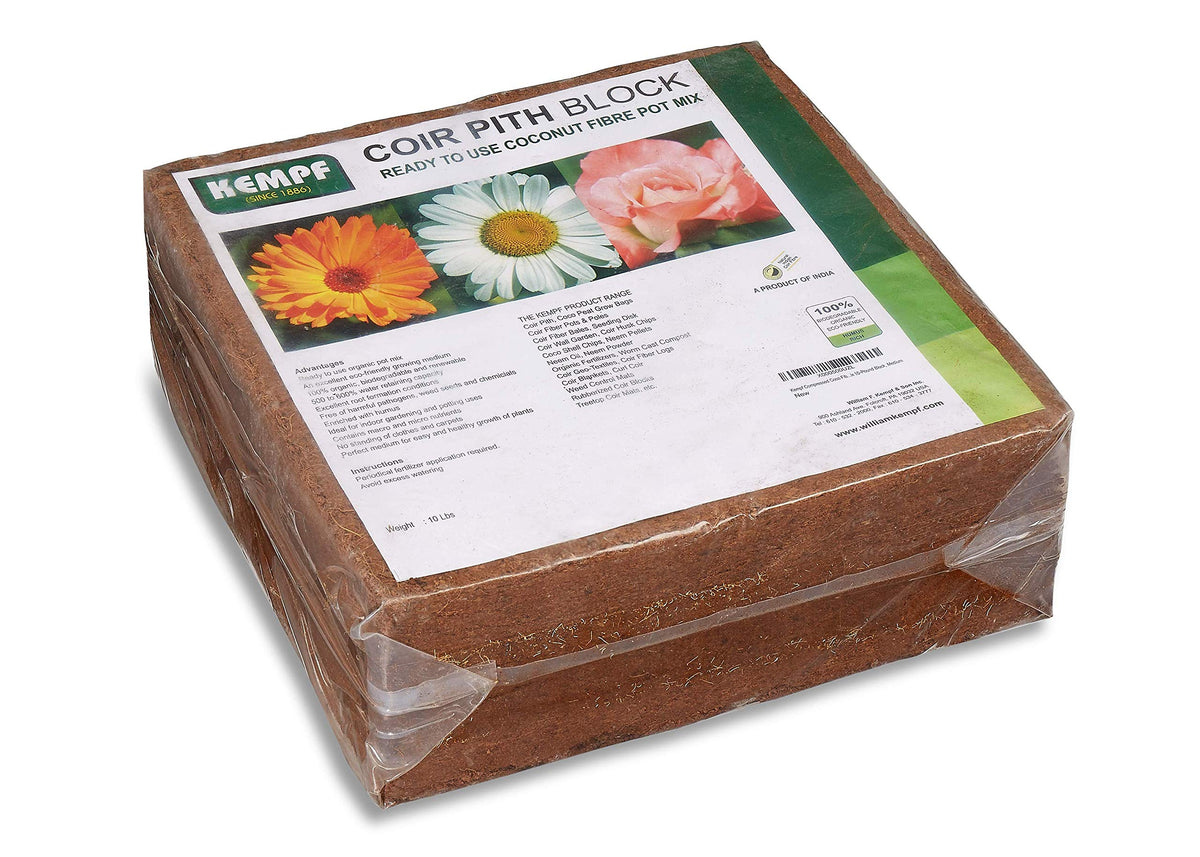 Kempf Organic Coco Coir Brick unfolding to expand into rich potting mix.