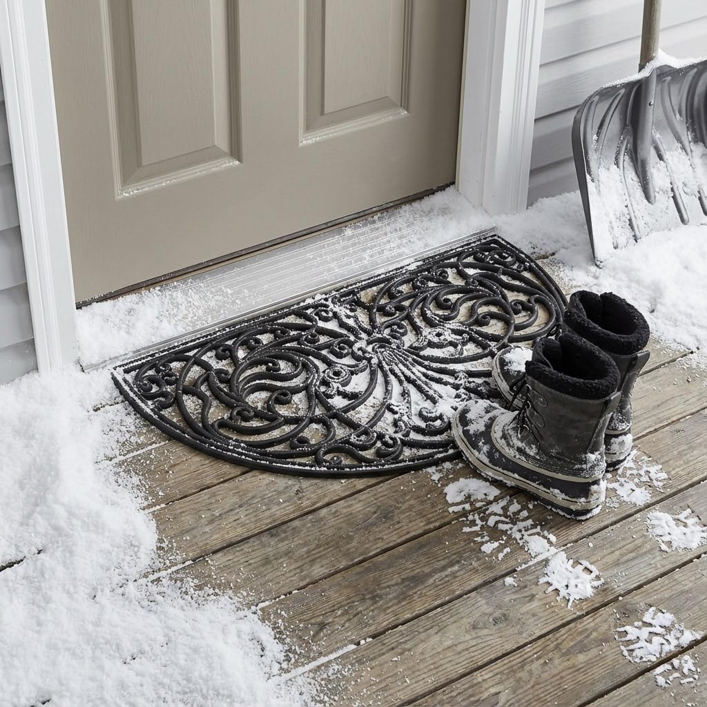 Kempf rubber scroll doormat at front door with secure grip and dirt-trapping design.