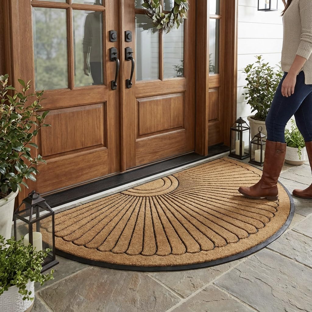 Kempf Sunburst Half Round Doormat greets guests and traps dirt at the threshold.