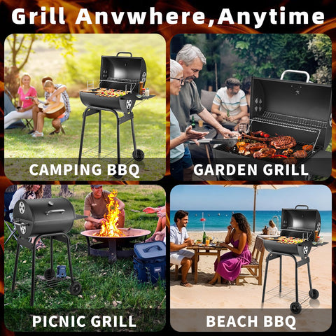 Kendane Barrel Charcoal Grill 4-level heat pan adjustment for flexible cooking.