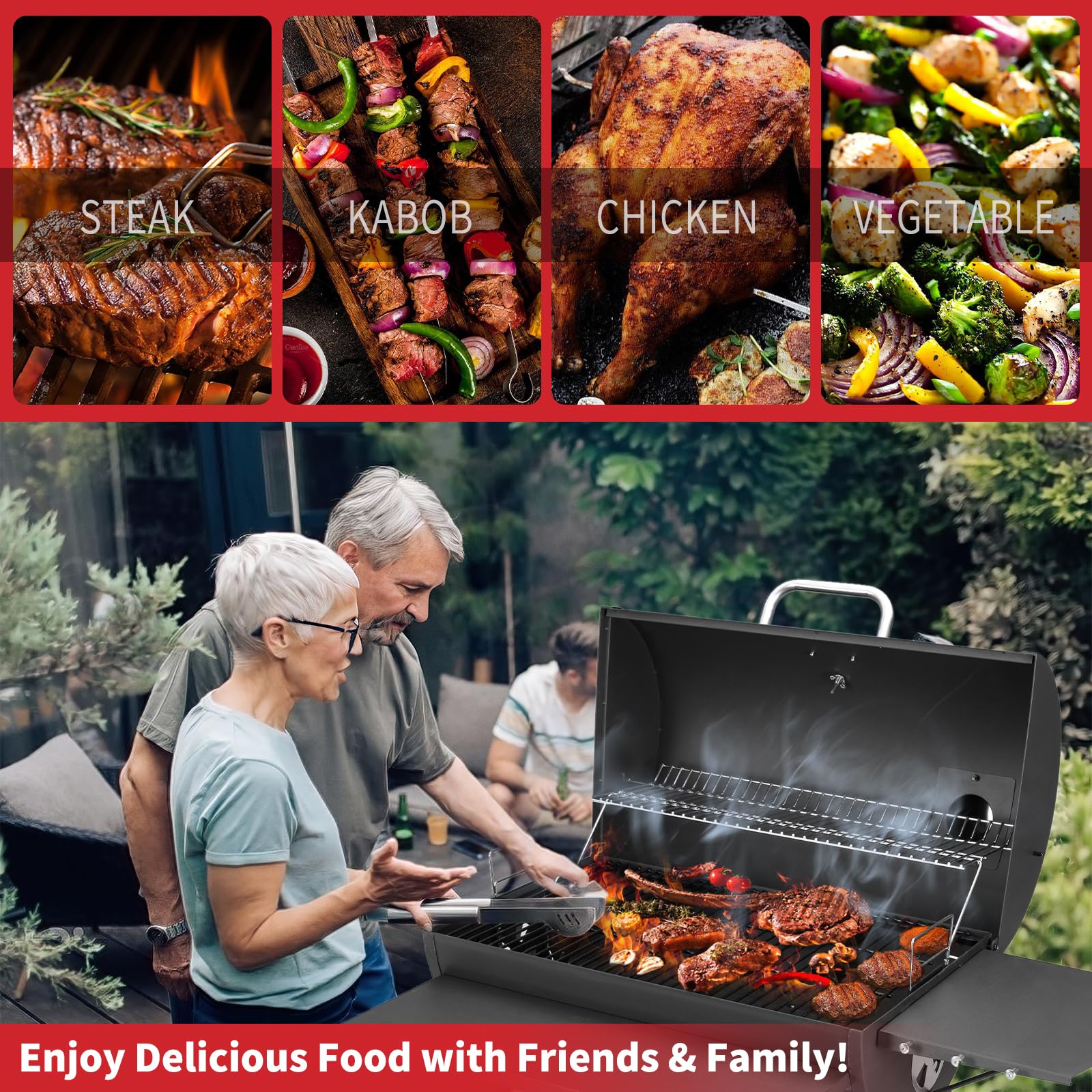 Kendane Barrel Charcoal Grill lid thermometer helps monitor heat for precise cooking.