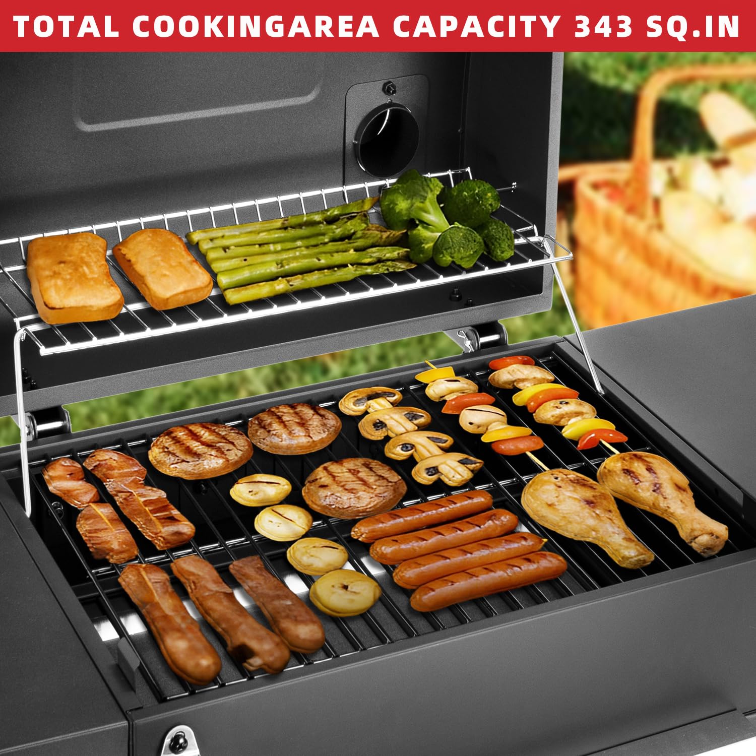 Kendane Charcoal Grill warming rack keeps sides warm for serving