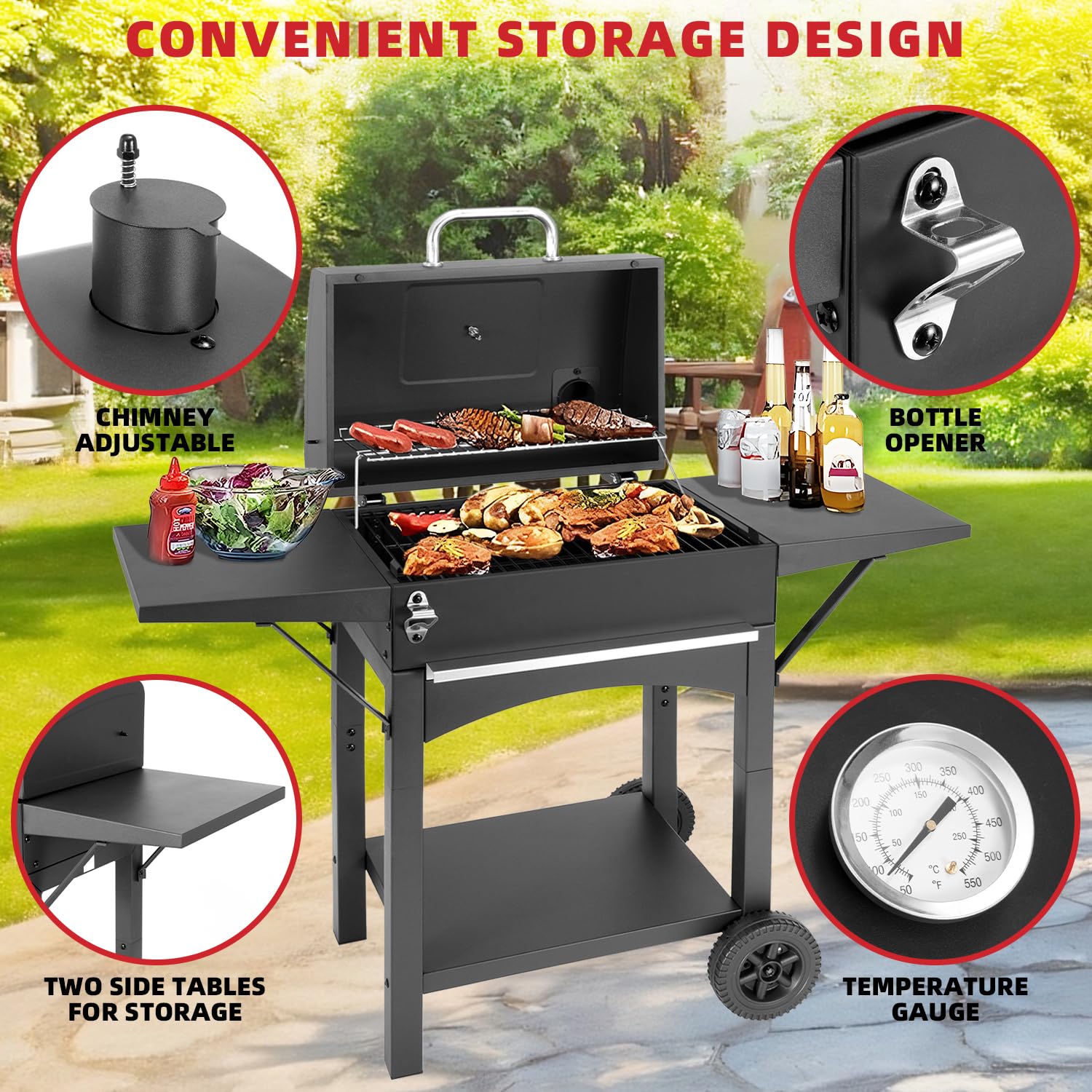 Kendane Charcoal Grill large wheels enable easy movement around outdoor spaces