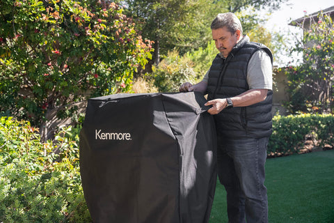 Kenmore 33-inch grill cover adjustable straps ensure a snug, wind-proof fit.